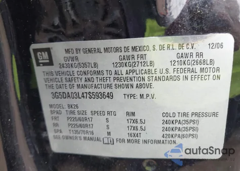 2007 Buick Rendezvous Cx z USA, uszkodzony, nr VIN 3G5DA03L47S593649